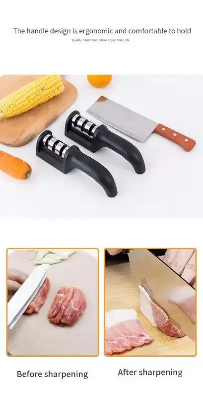 1Pc Black Kitchen Three Segment Knife Sharpener Household Multi Functional Hand Held Three Purpose Sharpening Stone Kitchen Tool